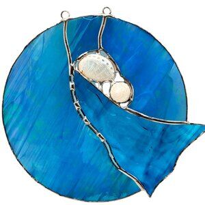 Stained Glass Blue Abstract Round Suncatcher Natural Shells Silver Accent Vtg